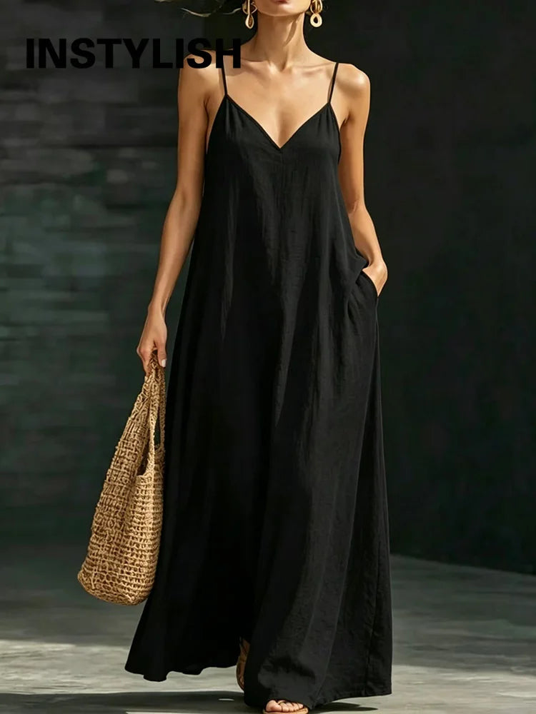 Women Linen Spaghetti Strap Maxi Dress V Neck Loose Swing Long Dress With Pockets Casual Summer Beach Vacation Sundress Ladies