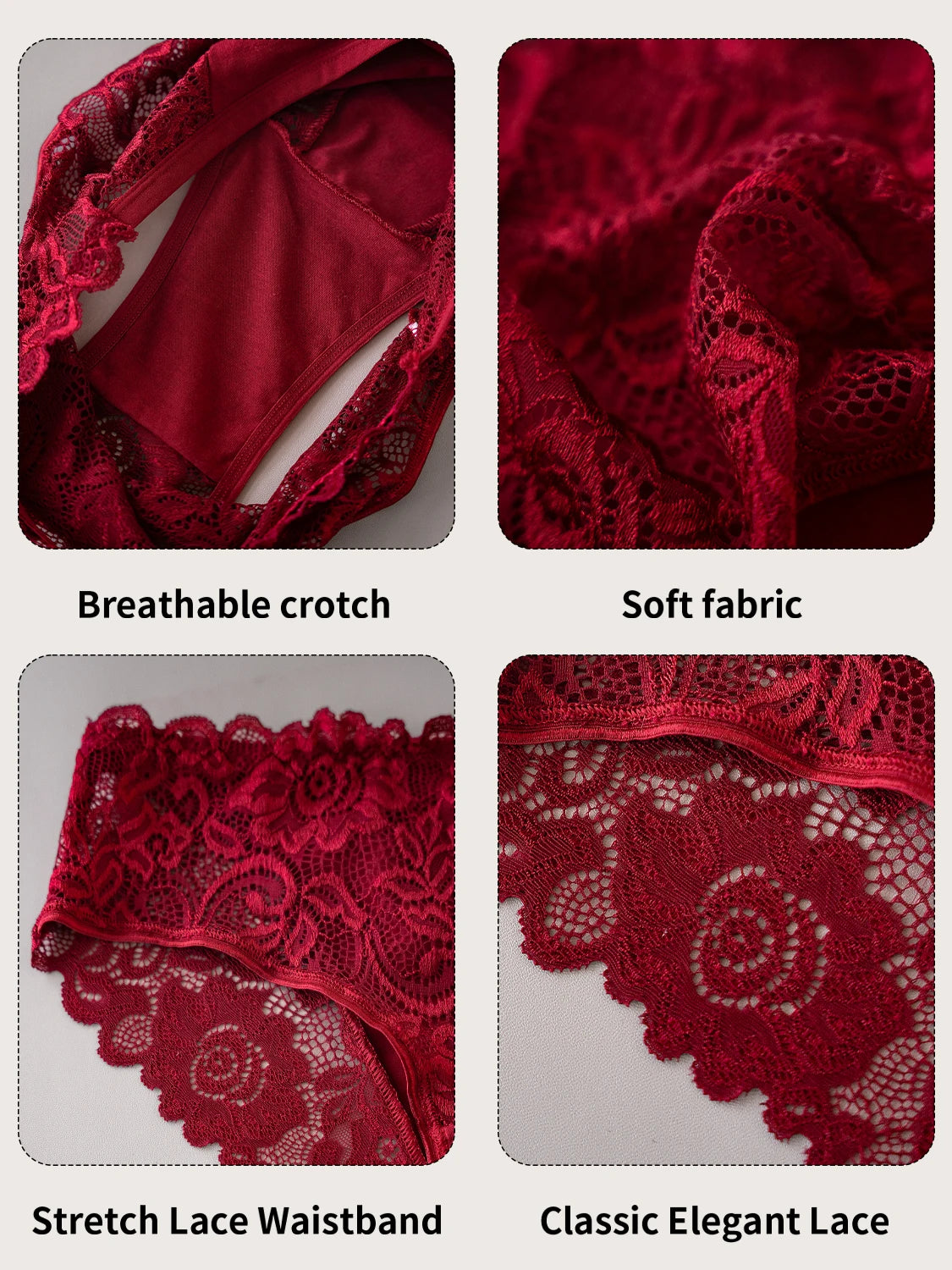 5PCS High End Lace Panties for Women Pure Cotton Crotch Breathable Sexy Briefs Solid Color Mid-Rise Everyday Underwear Lingerie