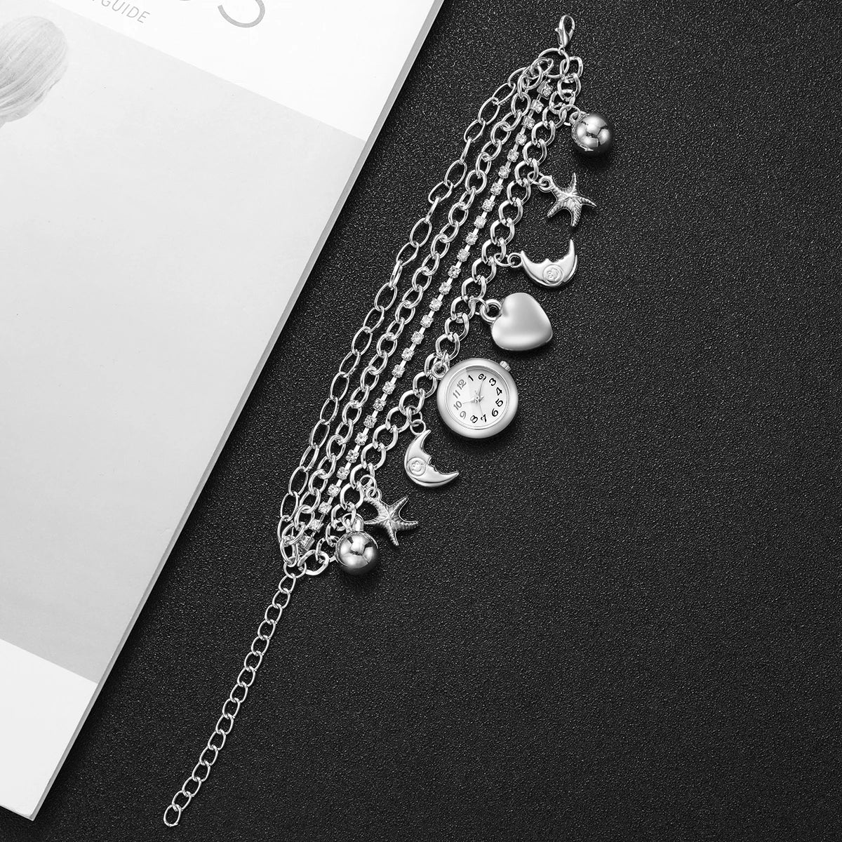 Luxury Women Silver Quartz Watch Moon Heart Charm Rhinestone Multi‑Layer Bracelets Ladies Watches Relogio Feminino（Without Box）