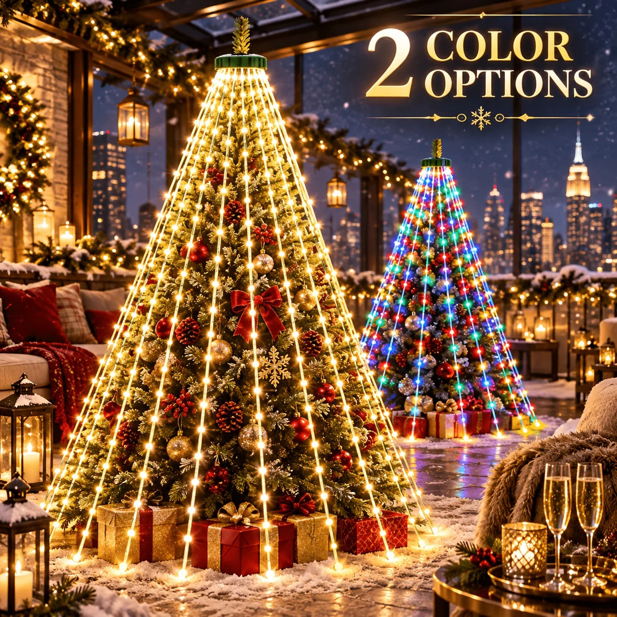 Christmas Tree Waterfall LED String Lights, Warm White Outdoor Waterproof Fairy Lights, 8 Modes Hanging Lights for Yard Garden
