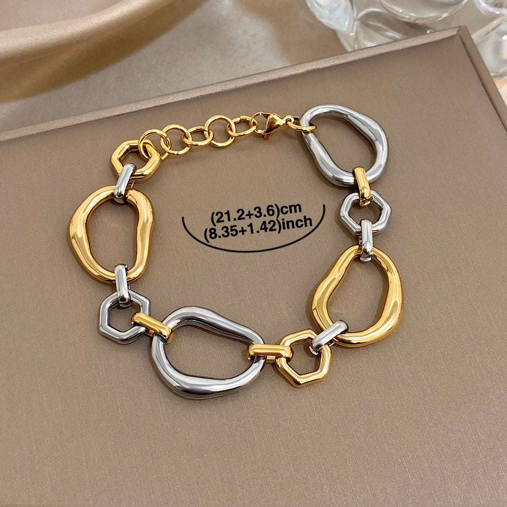 Chunky New Trend Gold Silver Color Hollow Geometry Shaped Stainless Steel Unique Bracelet Statement Waterproof Fashion Jewelry