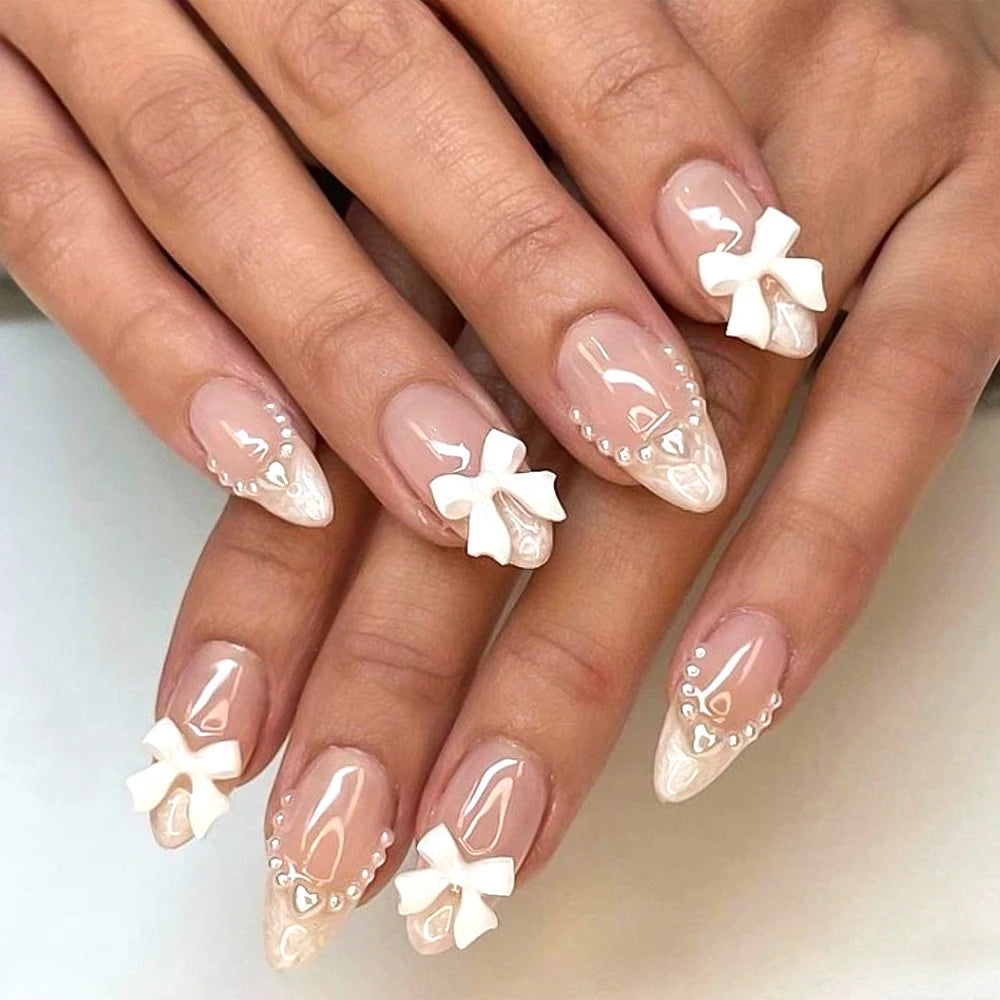 24Pcs Pearl Bow Press On Nails White Bowknot French Almond Fasle Nails Wearable Full Cover Fake Nails Tip for Girls Women