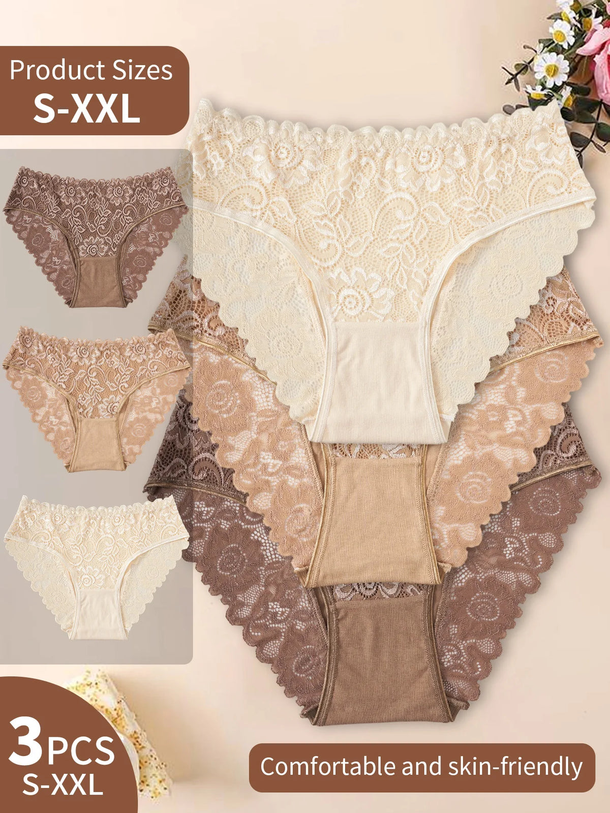 3PCS Semi-Sheer Elegant Lace Floral Design Women's Panties Solid Color Mid Waist Briefs Cotton Lingerie Comfortable Breathable