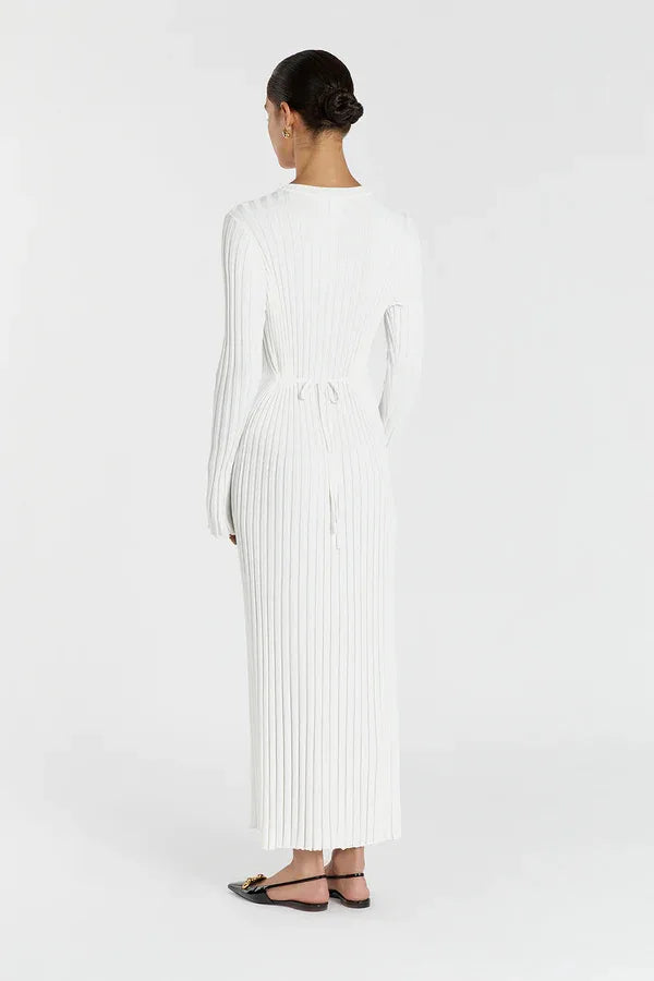 Vintage Lace-Up Female Knit Maxi Dress Elegant High Waist Patchwork Long Sleeve Loose Solid Dress Bodycon Knitwear Basic Dresses