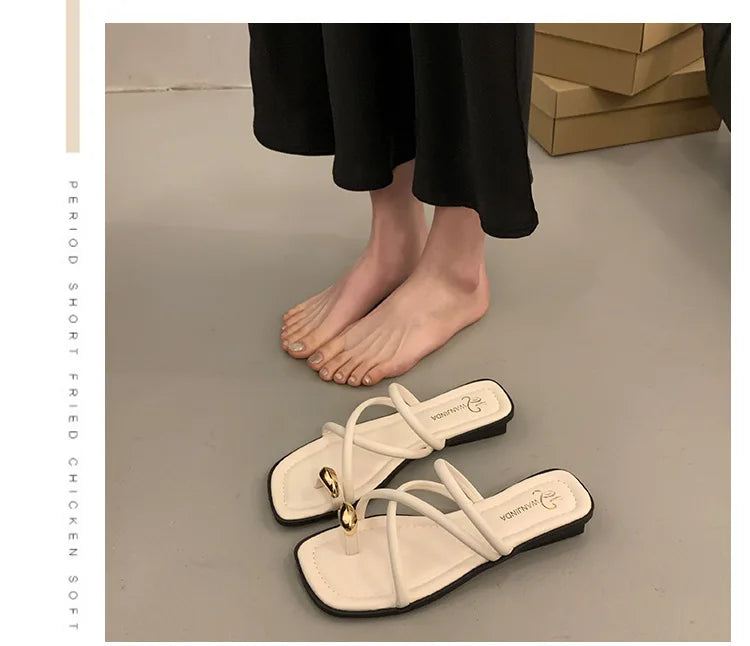 Women Summer Slippers Ladies Sandals Metal Decor Thong Flip Flop Low Heel Shoes Woman Outdoor Retro Brown Sandals Female