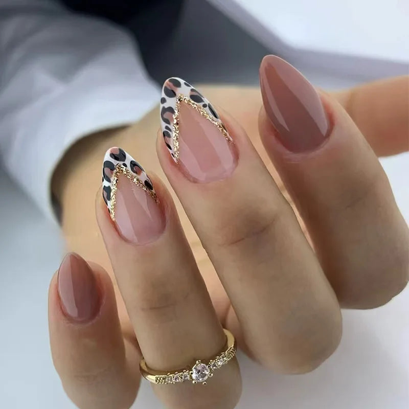 24Pcs Brown Leopard Print Pattern False Nails Press on Long Stiletto Acrylic Manicure Detachable Spice Cool Nails Set for Women