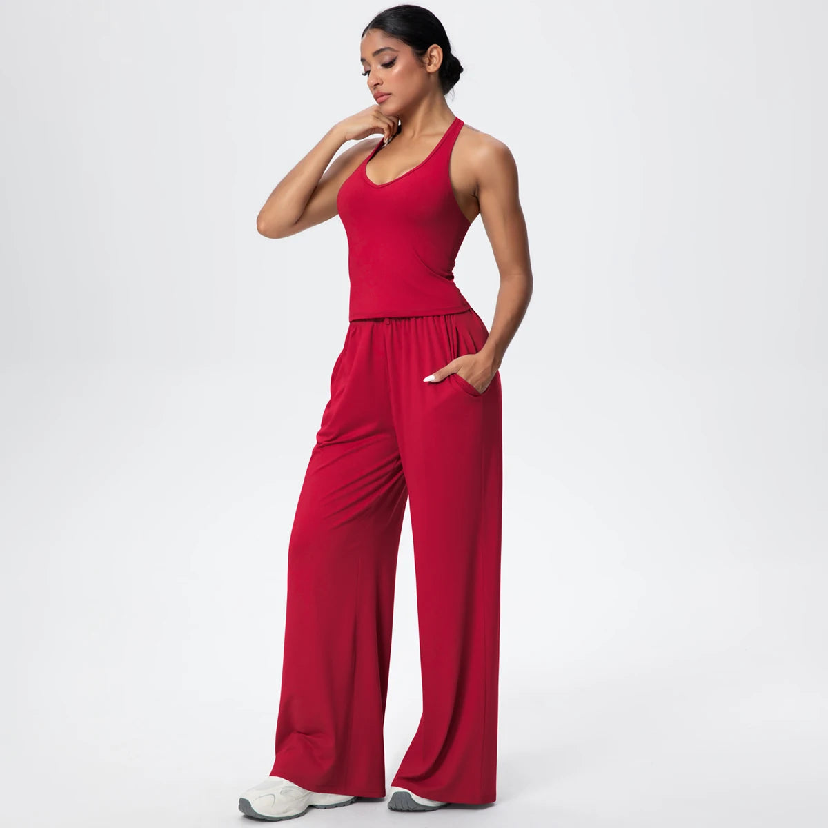Breathable Loose Wide Leg Pants and Yoga Vest Set Solid Color High Stretch Pockets Pants Beautiful Back T-shaped Vest Yoga Suit