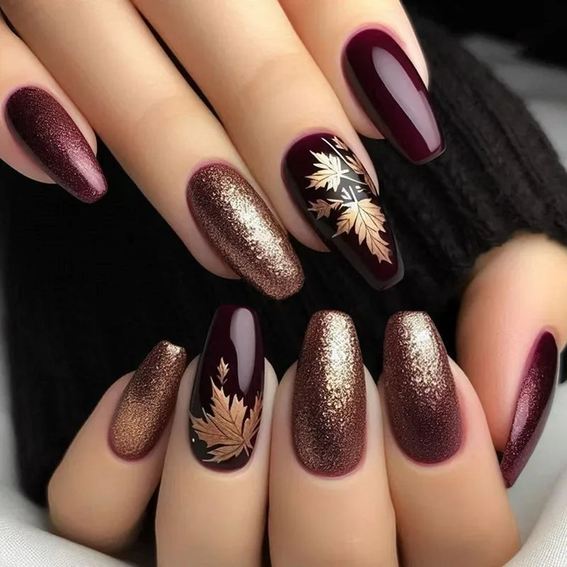 24pcs Short Square Amber Flower Fake Nail with Glue Wearable Autumn Designs Press on Nails Full Cover  Acrylic False Nails Tips