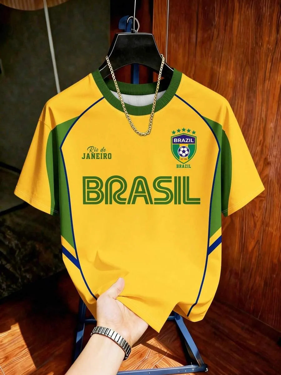 KIDS BRAZIL FOOTBALL T-SHIRT SOCCER JERSEY STRIPE & RETRO PRINT BREATHABLE QUICK DRY TRAINING TEE FAN SPORT TOP MEN WOMEN