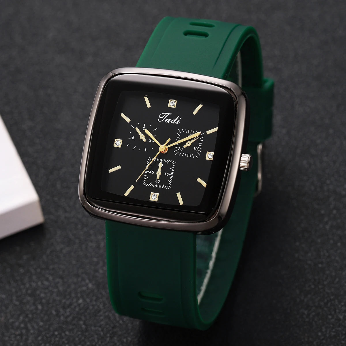 Fashion Square Women Quartz Watch Green Silicone Band Rhinestone Ladies Dress Wristwatches Clock Relogio Feminino (Without Box)