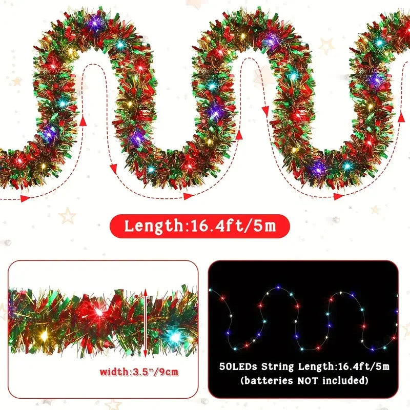 1pc 16 Ft Christmas Tinsel Garland Metallic Shinny With LED Lights Tree Thick Hanging Decorations For Xmas Party indoor