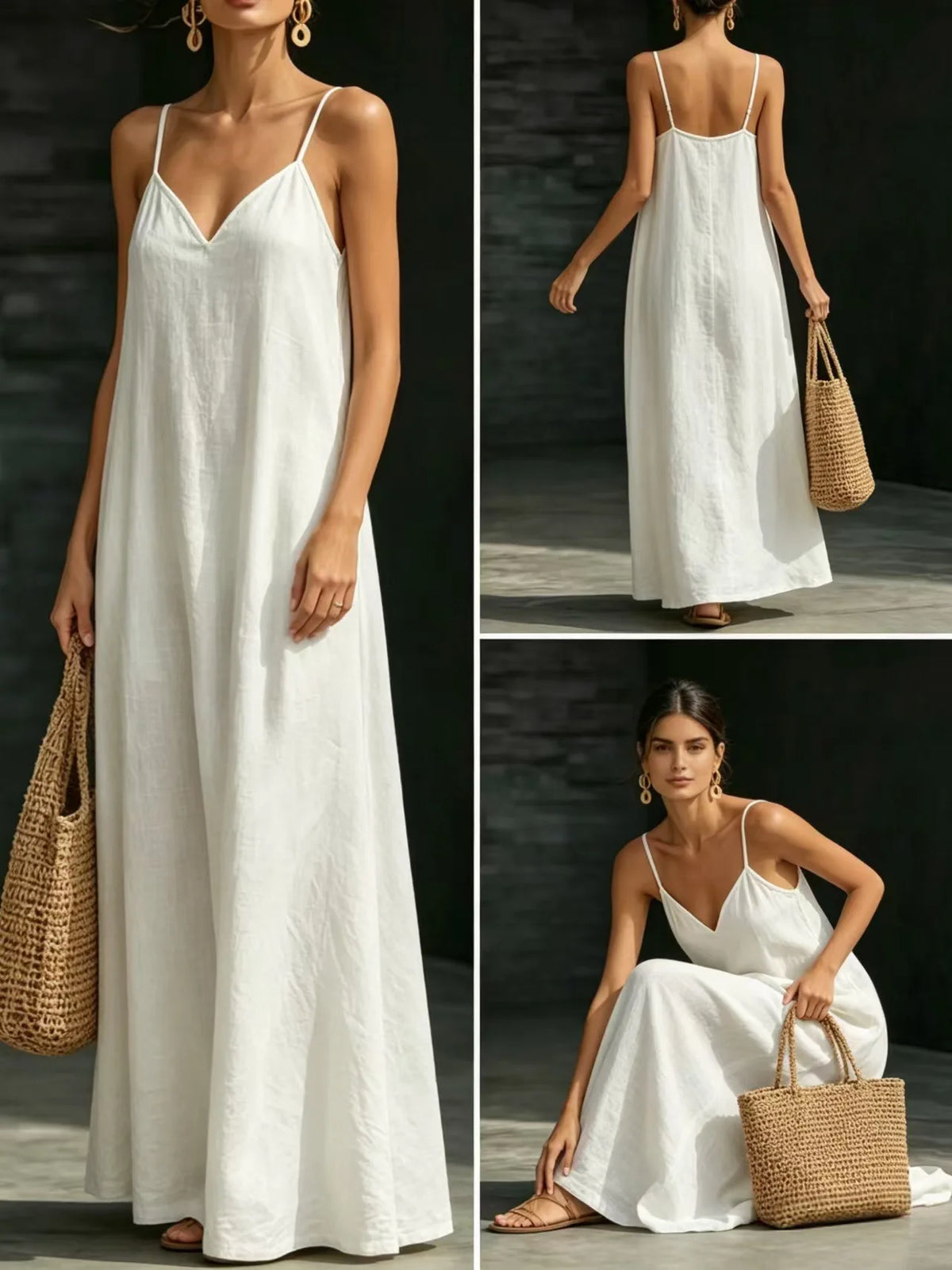 Women Linen Spaghetti Strap Maxi Dress V Neck Loose Swing Long Dress With Pockets Casual Summer Beach Vacation Sundress Ladies