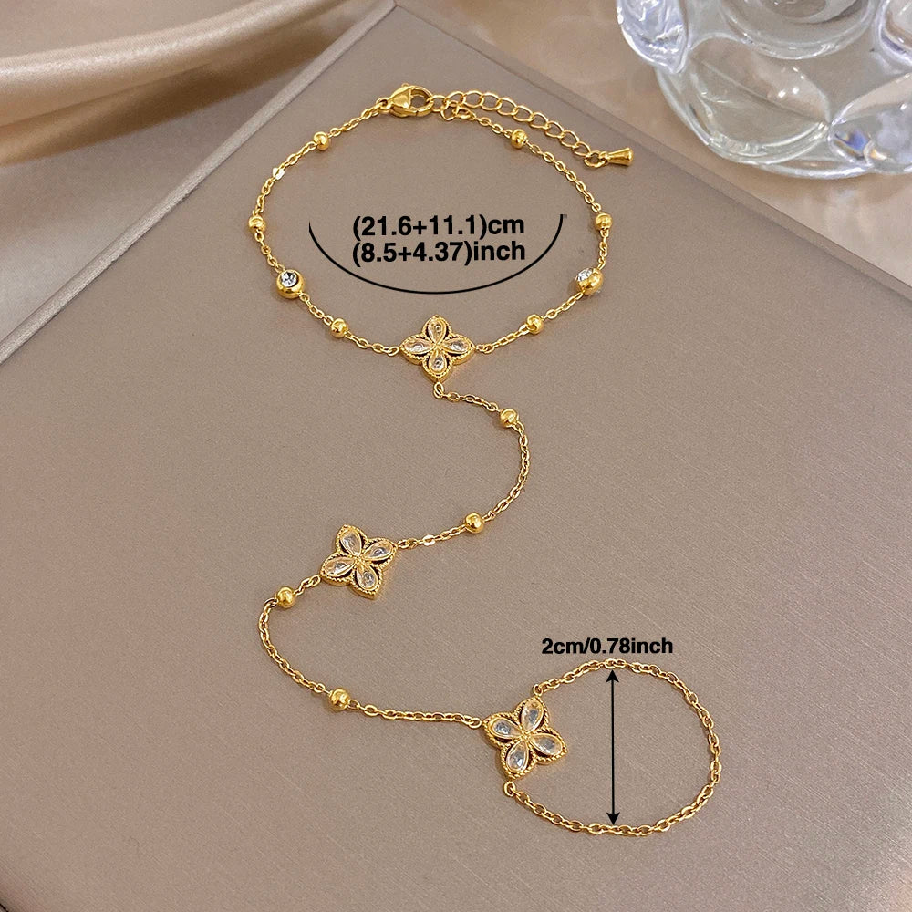 New Trendy Stainless Steel Zircon Flower Back of Hand Chain Finger Bracelet Fashion Chic Sexy Jewelry Waterproof Wholesale Gift