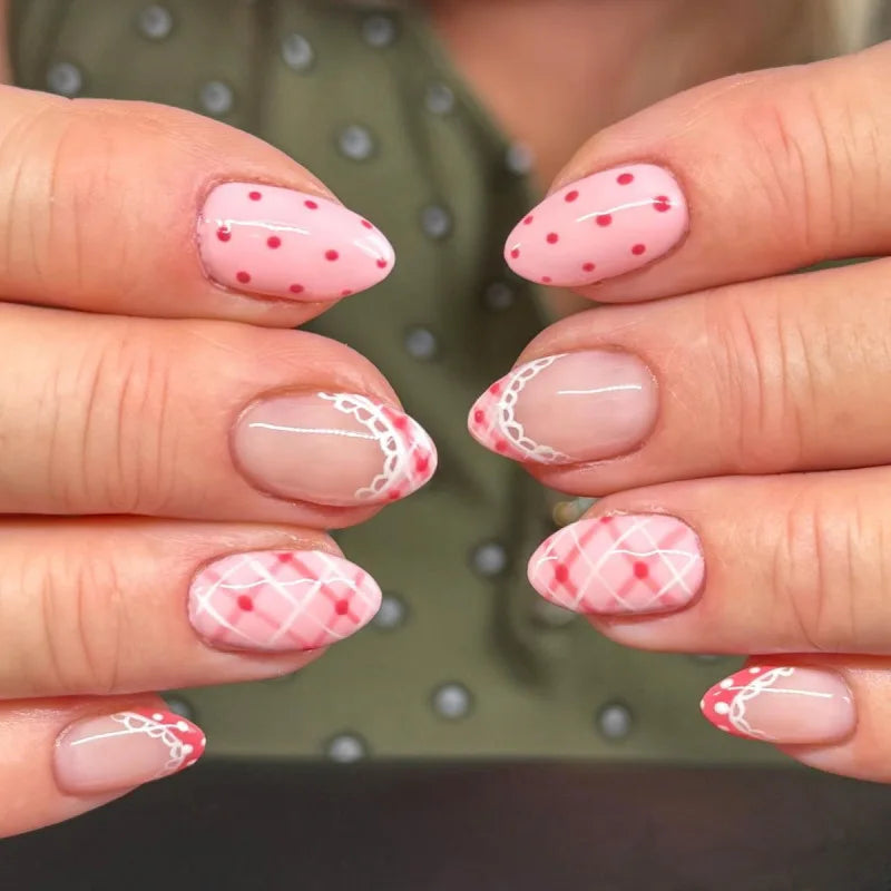24Pcs Autumn Winter Matte Almond False Nails with Glue Rose Leaf Printing Nail Art Simple Full Cover Press on Acrylic Nails Tips