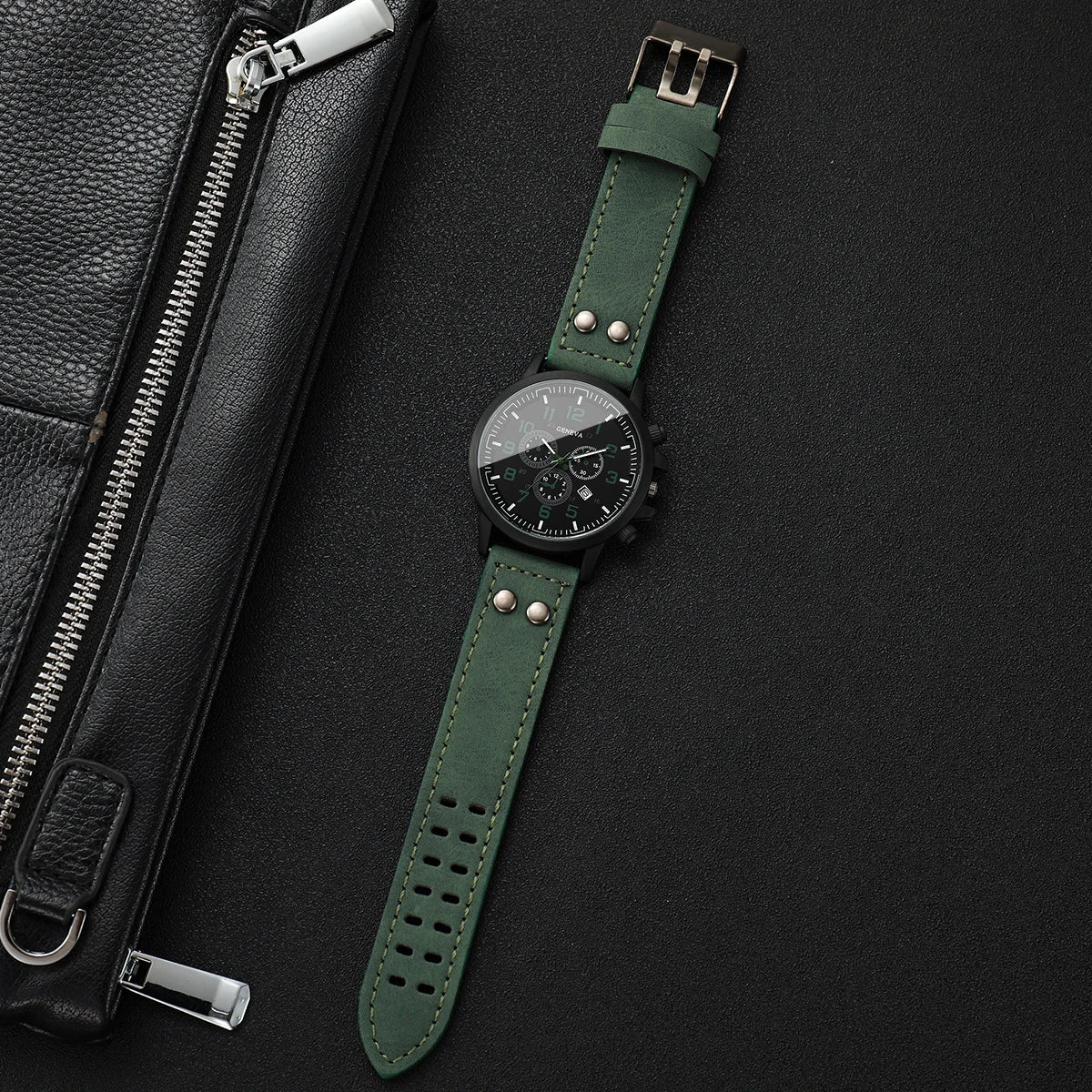 Casual Men Sport Quartz Watch Green Leather Strap Calendar Analog Male's Military Wristwatches Relogio Masculino（Without Box）