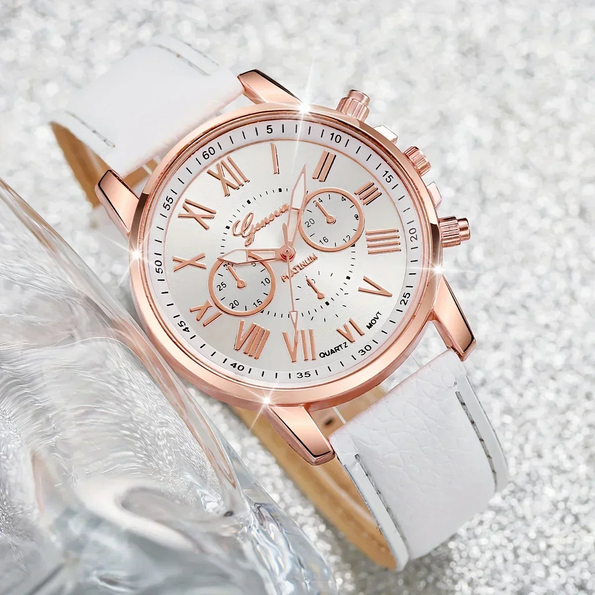 5pcs/set Women's Watch Casual Round Pointer Quartz Watch PU Leather Wrist Watch & Faux Pearl Jewelry Set, Gift For Mom Her