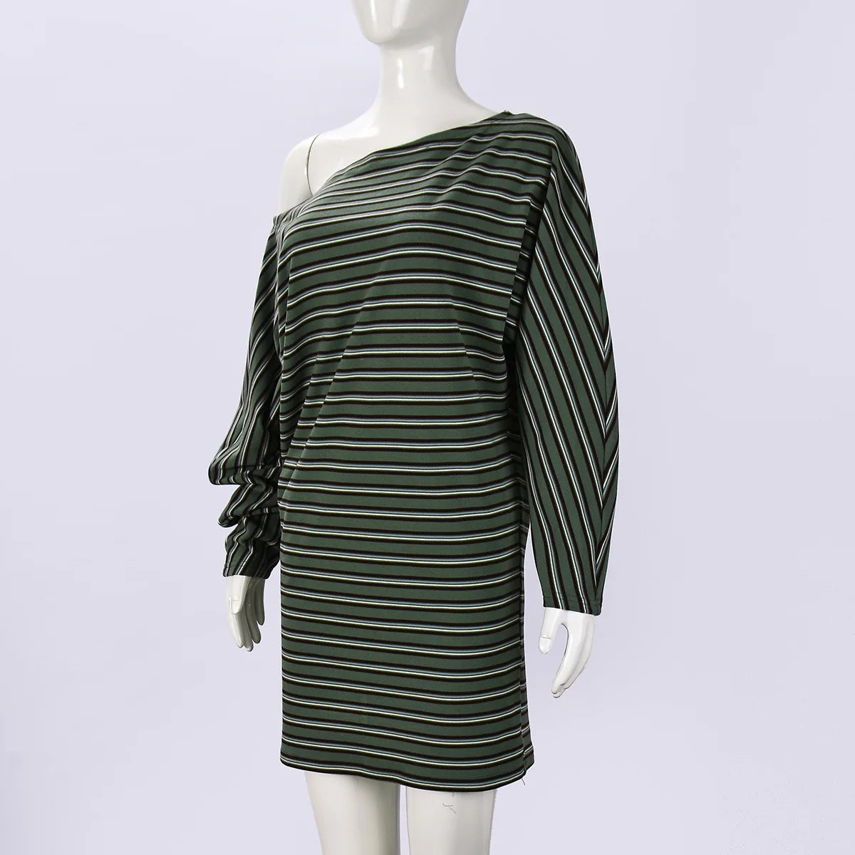 BKLD 2026 Autumn New Fashion Elastic Striped Skew Shoulder Bodycon Dress Women Clothing Printed Long Sleeve Short Dresses