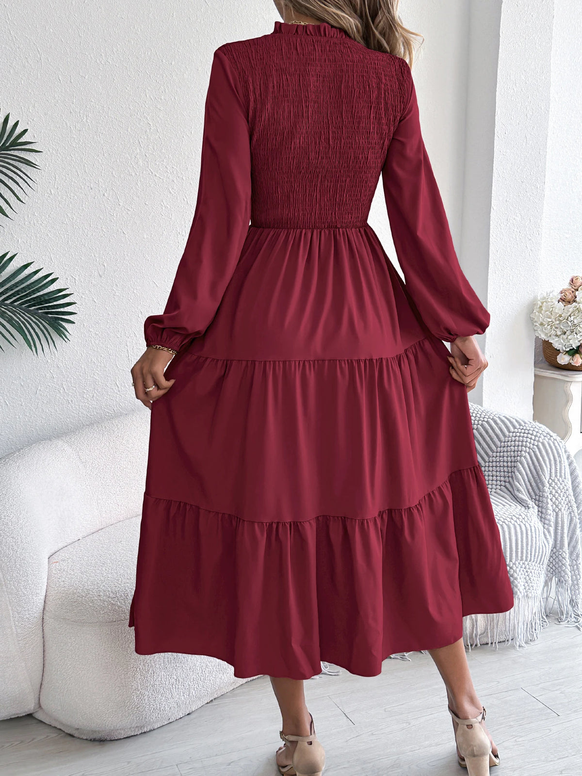 Autumn Winter Elegant Dress for Women Solid Color Round Neck Lantern Long Sleeve Ruffled Dresses Khaki Green Red Woman Clothing