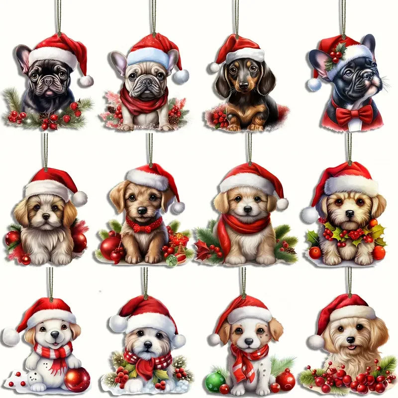 12/24pcs Festive Dog Ornament Charms with Santa Hats & Festive Accessories for Christmas Trees, Perfect Seasonal Gift