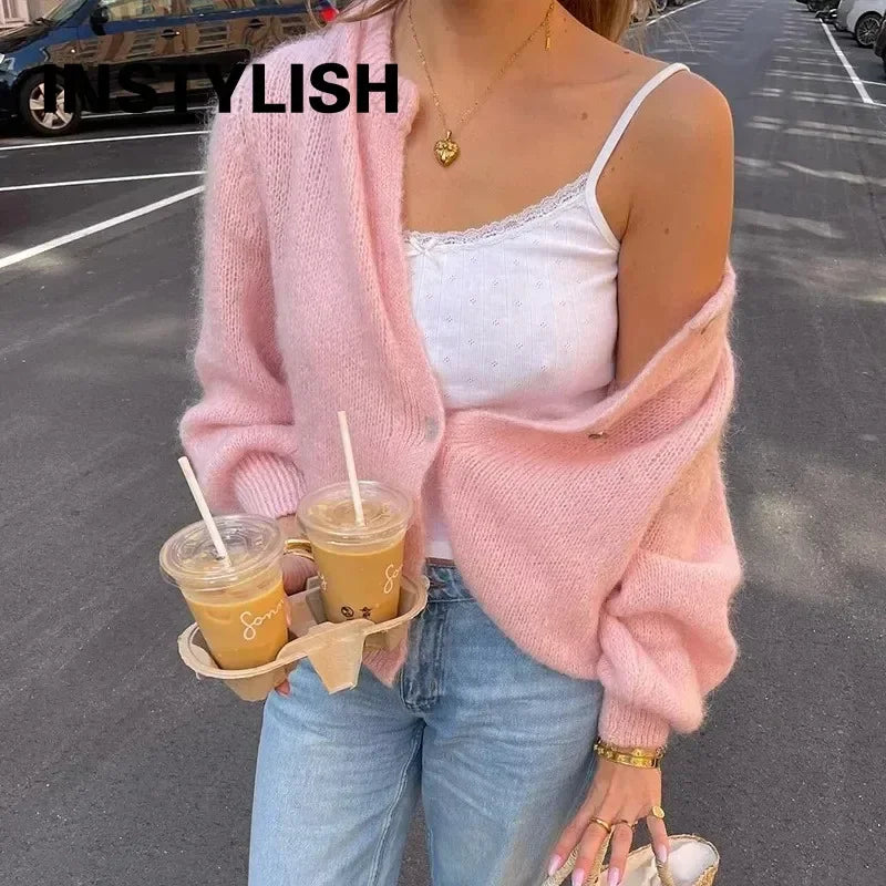 Women Mohair Knit Cardigan O Neck Elegant Lantern Long Sleeve Oversized Loose Fluffy Sweater Coat Autumn Winter Casual Knitwear