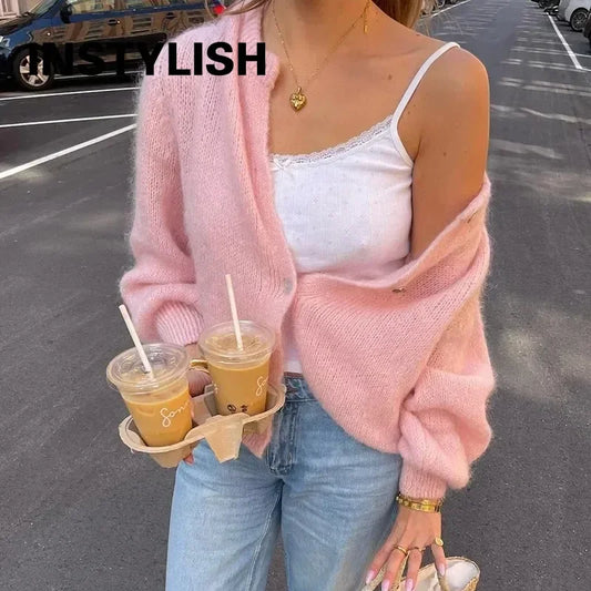 Women Mohair Knit Cardigan O Neck Elegant Lantern Long Sleeve Oversized Loose Fluffy Sweater Coat Autumn Winter Casual Knitwear