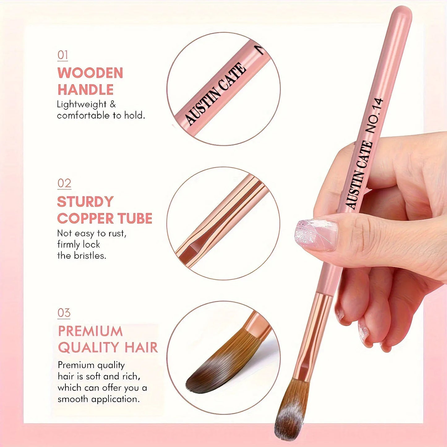 3Pcs/Set Acrylic Powder Extension Nail Brushes Pink Handle Size 8#/10#/14# Acrylic Powder Application 3D Carving Manicure Tools