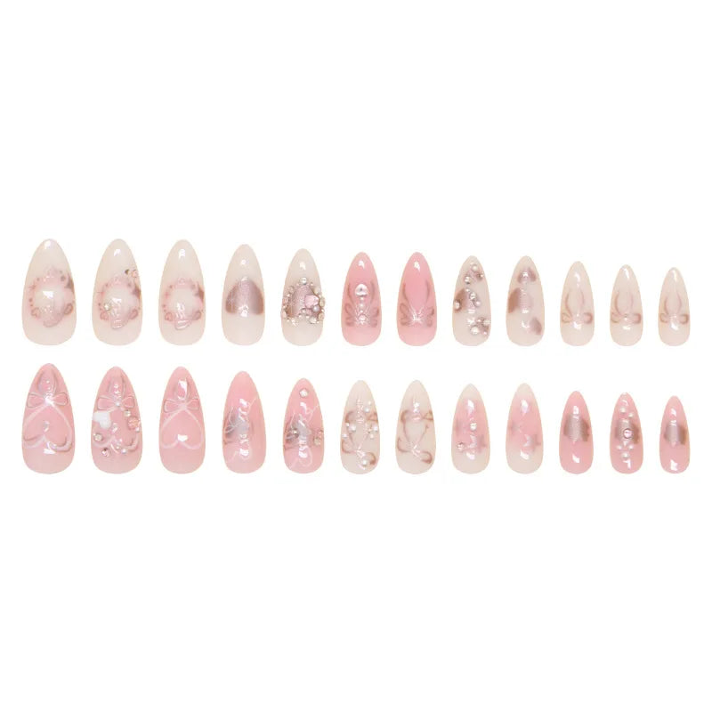 Sweet Pink Almond Press-On Nails with Bow & Heart – 24PCS