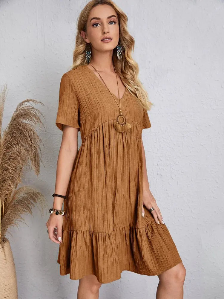 Women Elegant V Neck Ruffles Mini Dress Summer Vintage Solid Loose Sundress Bohemian Casual Solid Beach Party Vestidos