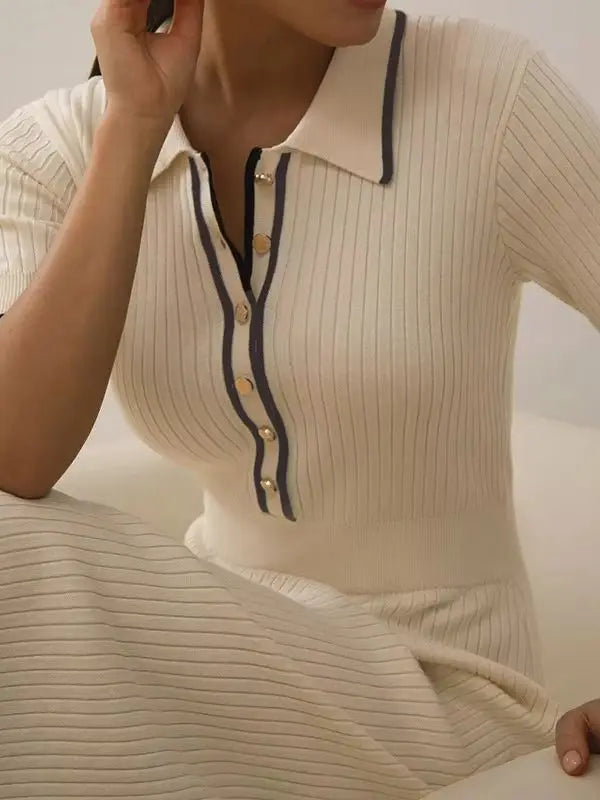 Women's White Knit Maxi Dress Elegant Short Sleeve Patchwork Bodycon Party Dress Casual Lapel High Waist Fashion Autumn Knitwear