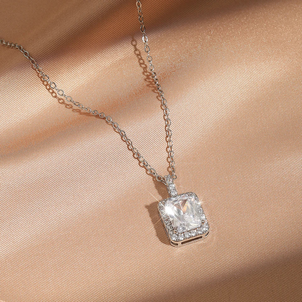ZAKOL Simple Geometric Crystal White Zircon Pendant Necklace For Women Silver-Color Wedding Party Jewelry Gift With Box