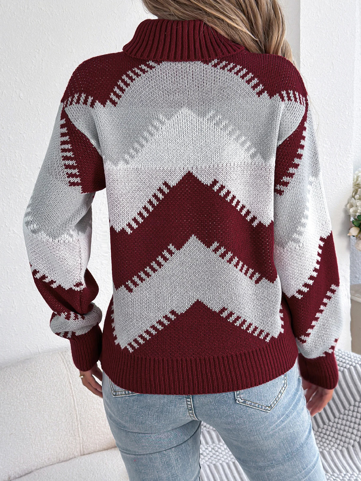 Autumn Winter Casual Turtleneck Color Block Knitted Sweater for Women 2026 Fashion Lantern Long Sleeve Pullover Warm Knitwear