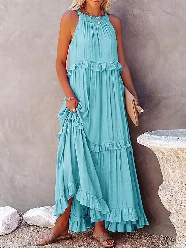 New Arrival Summer Vacation Halter Neck Long Dress – Backless Lace-Up Beach Style