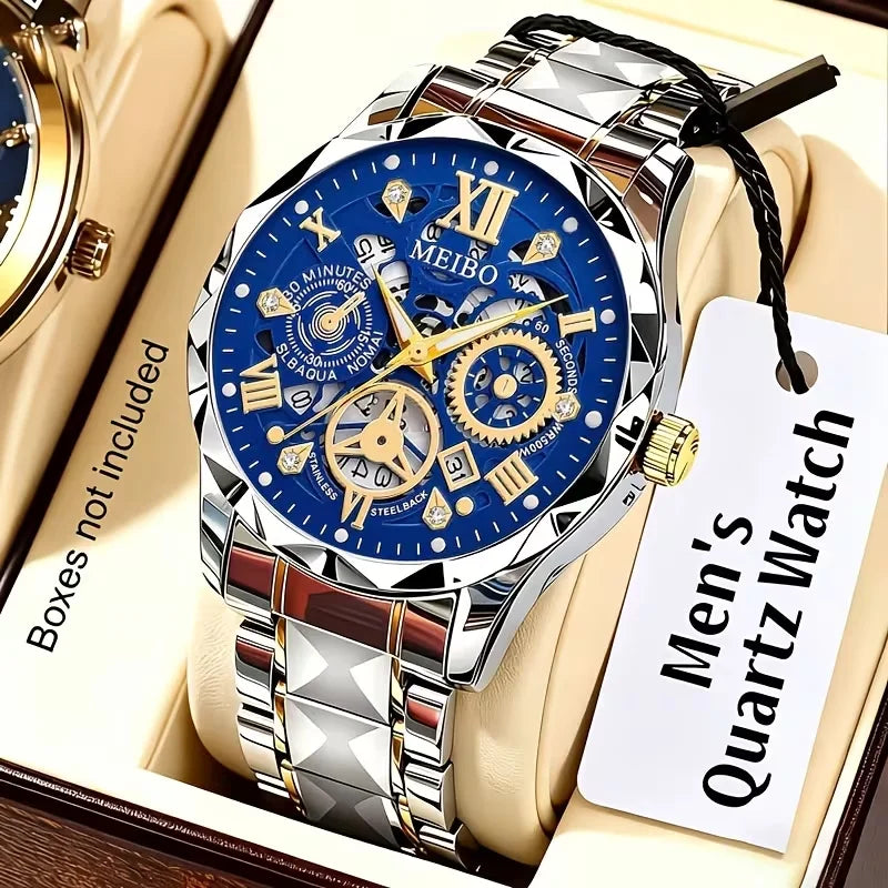 Fashion Skeleton Dial Men Business Watches Luxury Stainless Steel Calendar Quartz Wristwatch Relogio Masculino (Without Box）