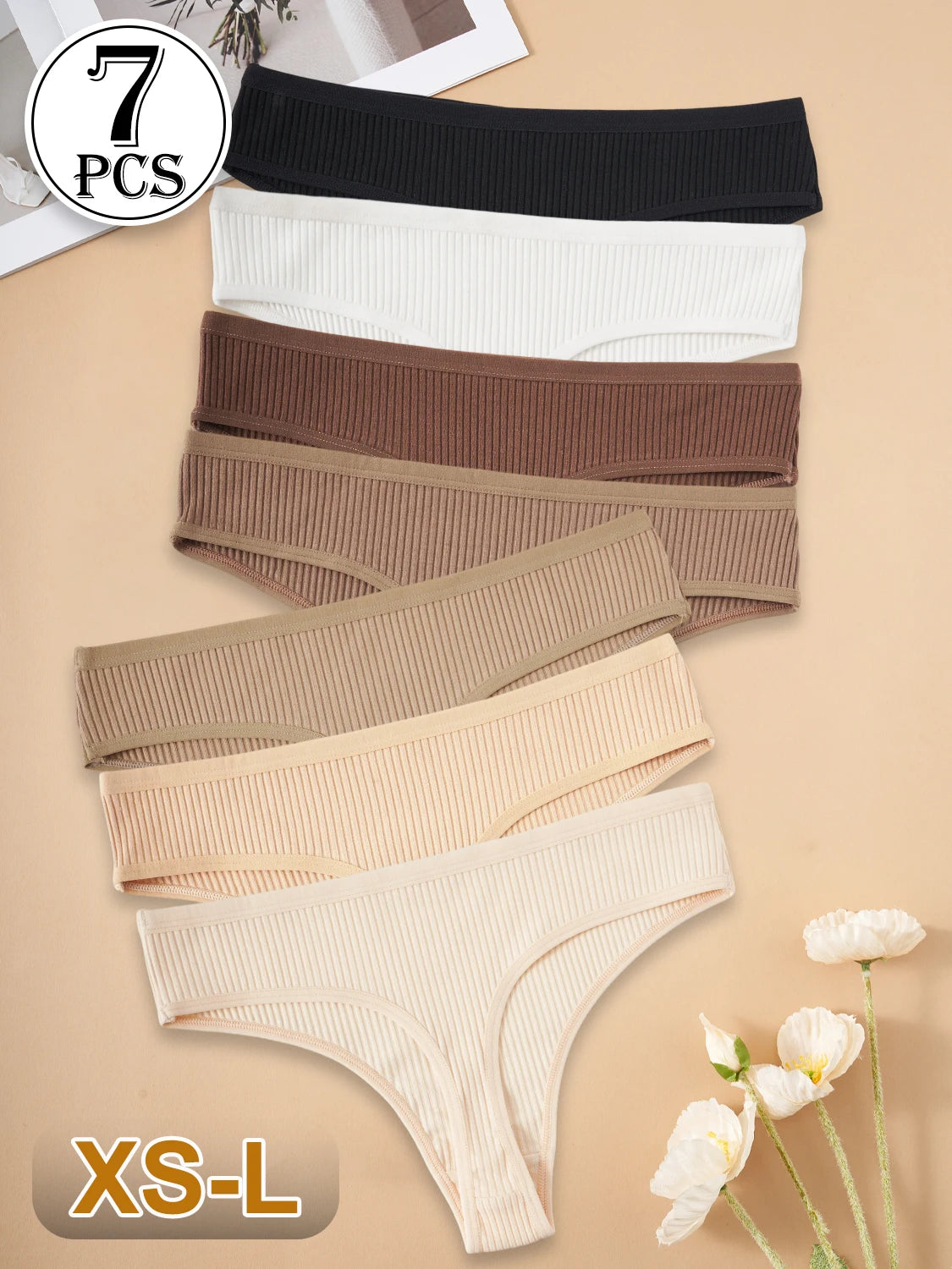 7PCS Women Cotton G-Strings Comfortable Breathable Sexy Low-Rise Panties Girls Solid Color Ribbed Thongs Casual Bikini Lingerie