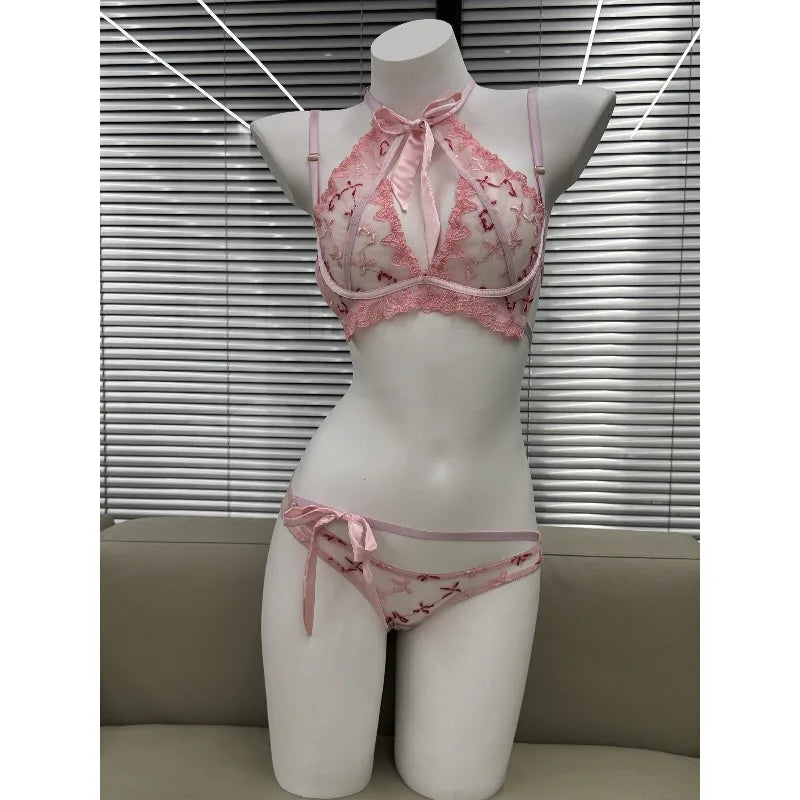 Women's Embroidered Ribbon Bow Bralette & Panty Set, Butterfly Mambo Pure Desire Wireless Comfort Bra for Daily Wear MOYISU Sexy