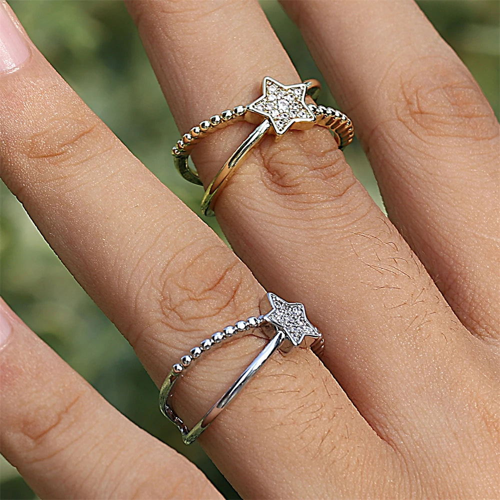 ZAKOL Fashion Double Layers Zircon Rings for Women Gold Color Plated Open Stainless Steel Ring Aesthetic Party Wedding Jewelry