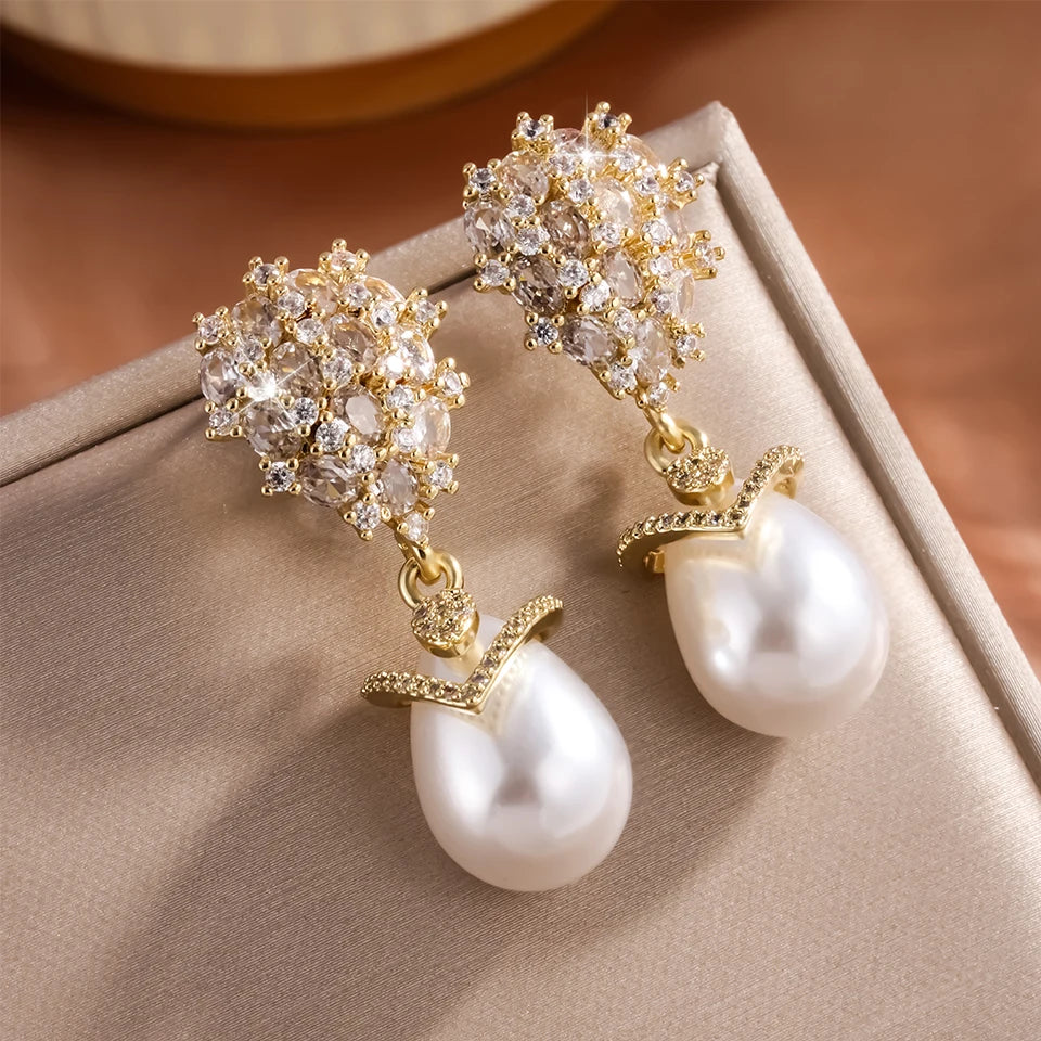 ZAKOL Luxury Big Teardrop Pearl Drop Earrings for Women Elegant Flower Shiny Zircon Wedding Party Jewelry Gift