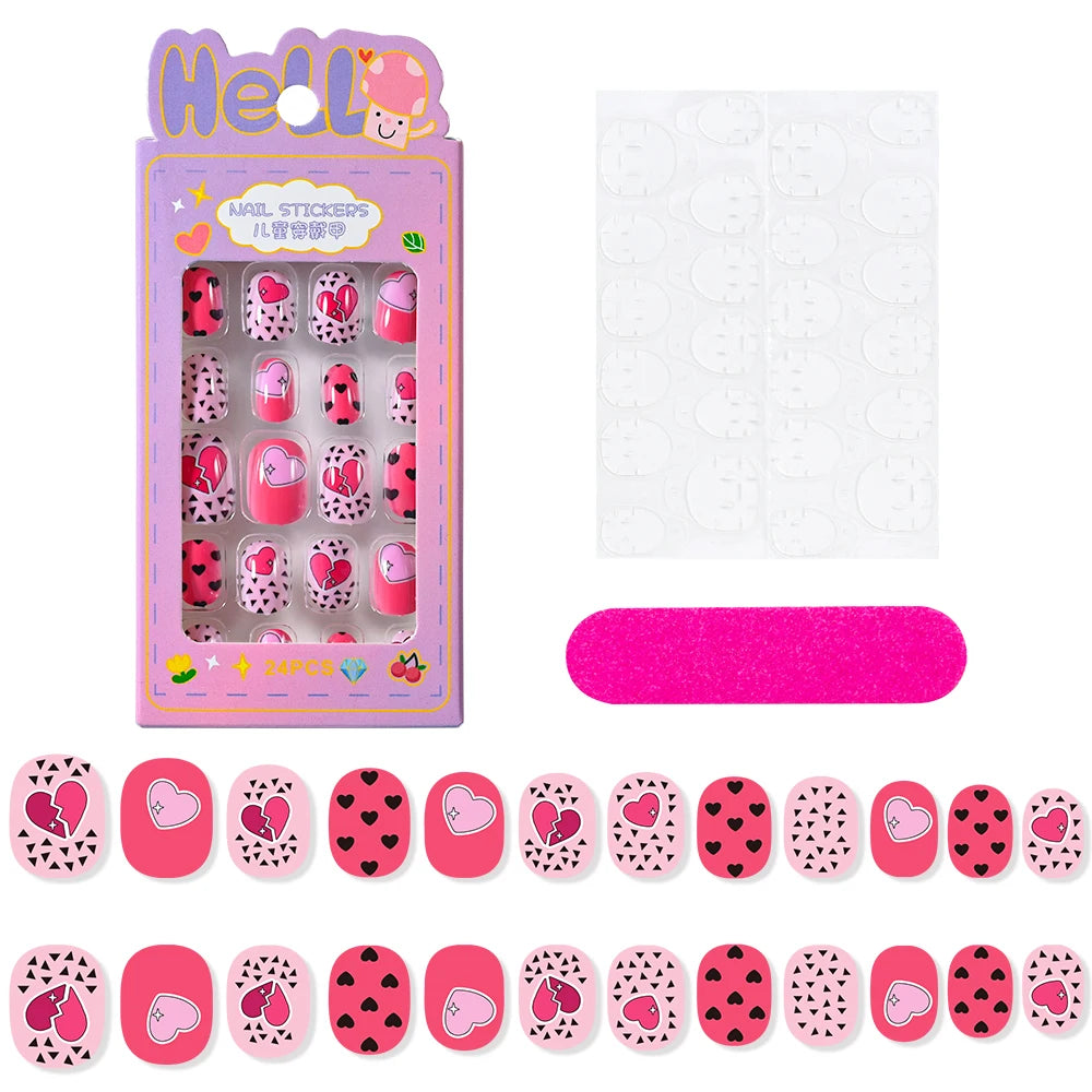 24Pcs/Box Cartoon Heart Bow Rainbow Design Kid Fake Nails Tips Cute False Nail Girls Press on Nails Full Cover Short Fingernails