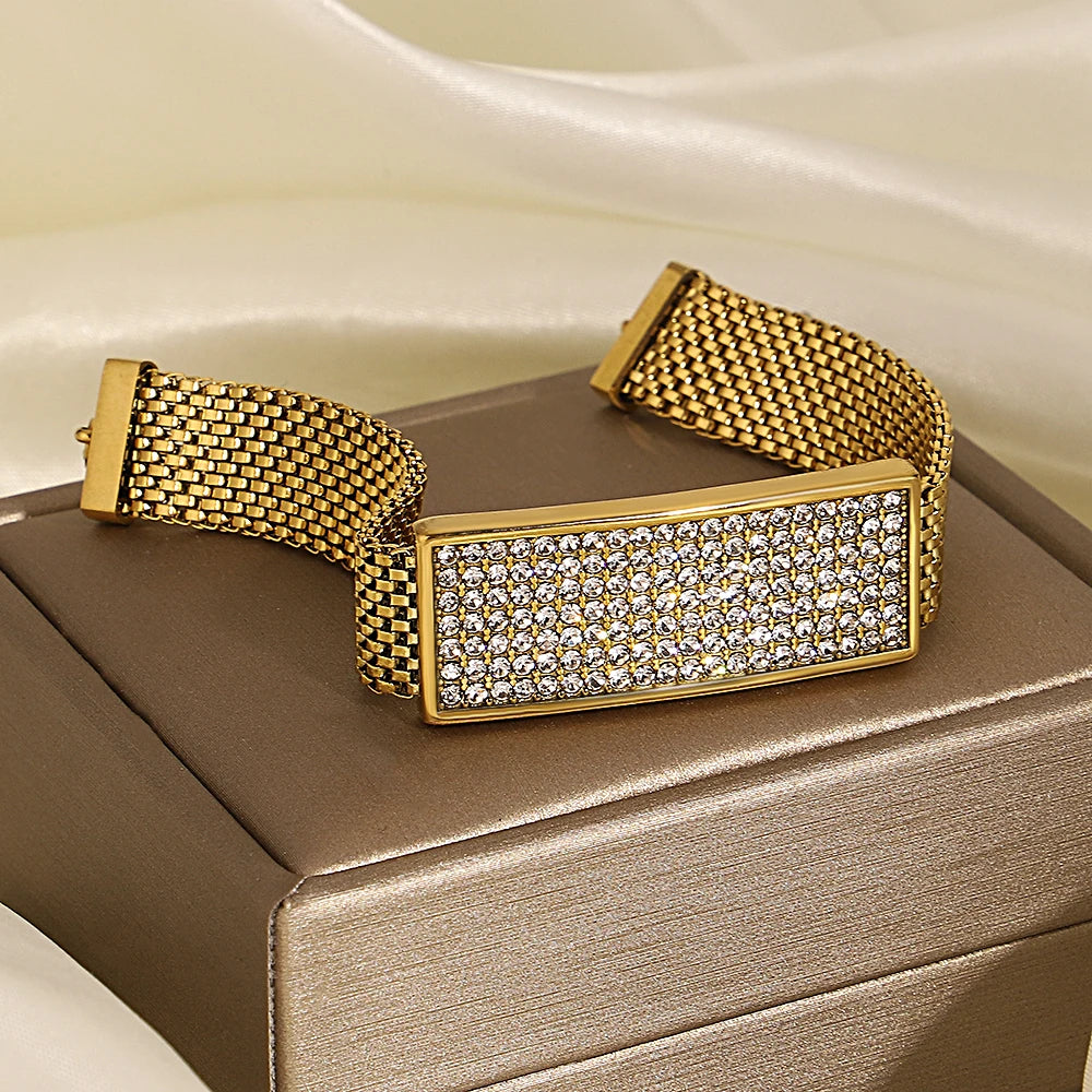 Fashion Chic Shiny Rhinestone Stainless Steel Bracelets For Women Men Statement Golden Fashion Jewlery Couple Friendship Gift