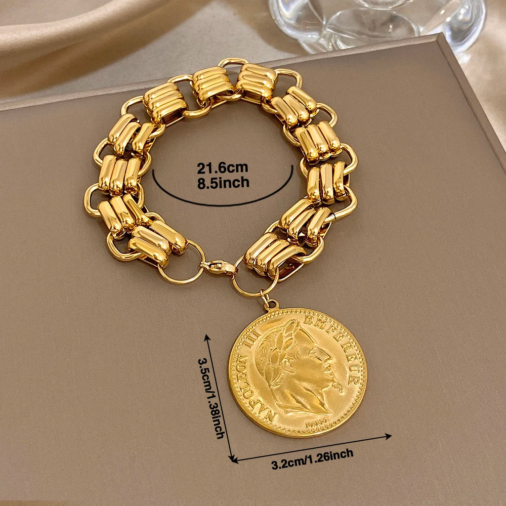 Chunky Punk Vintage Carved Head Portrait Coin Pendant Stainless Steel Bracelets Gold Plated Thick Chain Fashion Jewelry