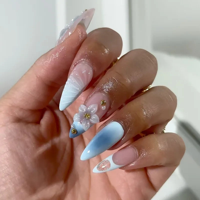 24pcs Flower Pearl Design False Nails Blue Blush Gradient Tips Long Almond Press on Nails Ins Wearable French Fake Nail Manicure