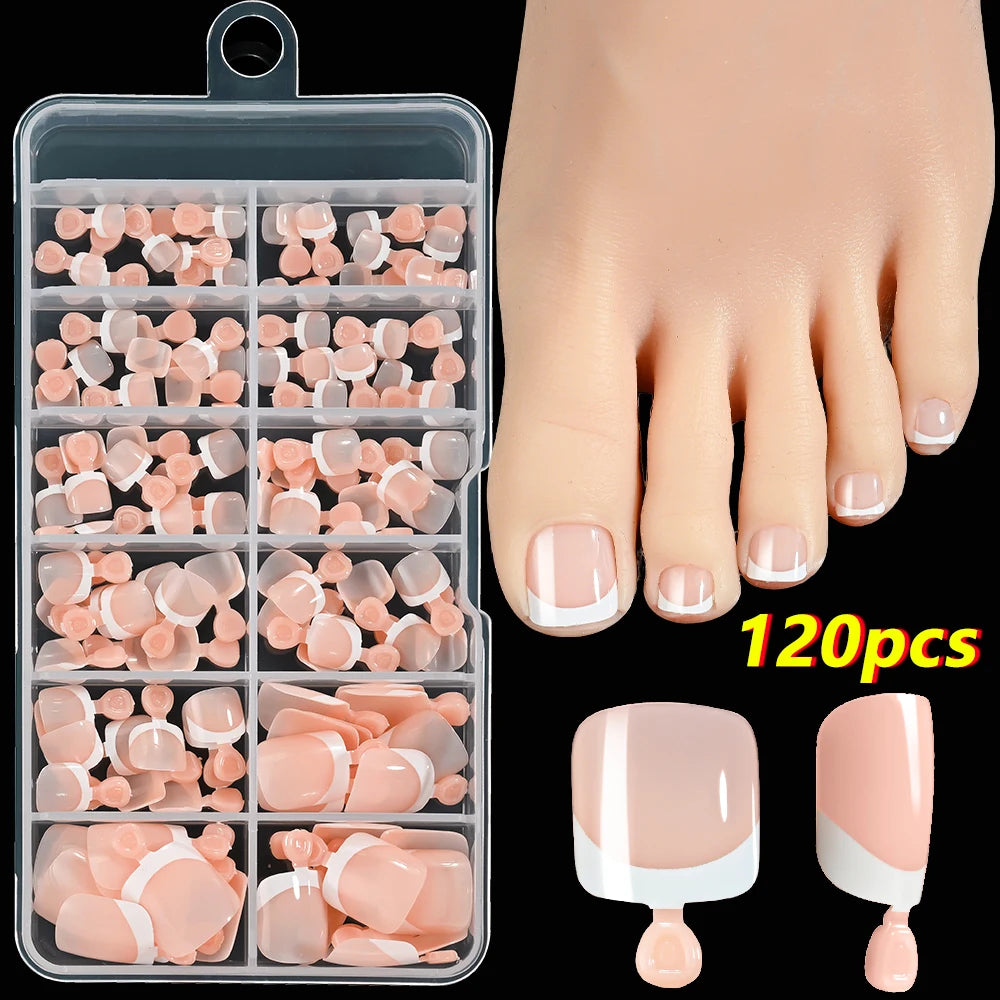 288/120Pcs False Toes Nails French Square Fake Toe Nails Pink/Nude/Brown Feet Nail Tips for Women Artificial Press On Toenails
