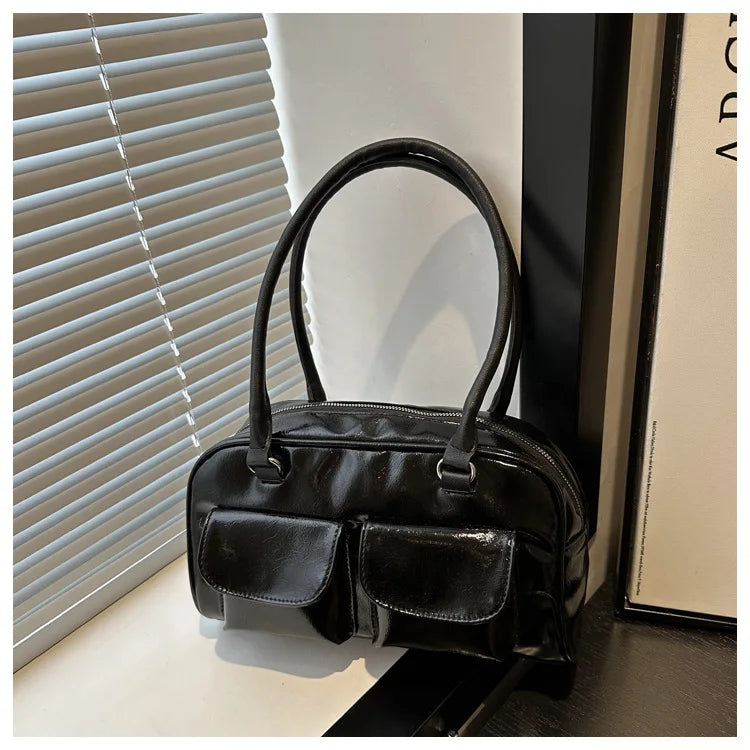 Retro Women's Satchel Hobo Bag PU Leather Shopping Bag Fashion Solid Designer Armpit Bag Casual Double Pocket Hand Underarm Bag