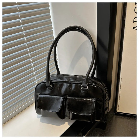 Retro Women's Satchel Hobo Bag PU Leather Shopping Bag Fashion Solid Designer Armpit Bag Casual Double Pocket Hand Underarm Bag