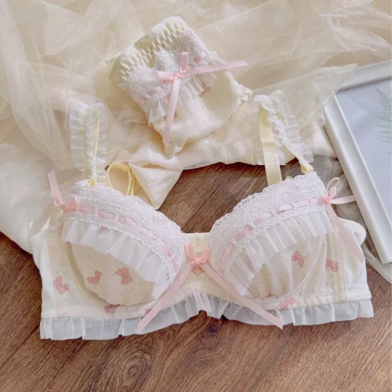 MOYISU Lolita Pure Desire Cute Princess Style Thin Cup Bra Set Printed Cute Bow Bra Comfortable Lace Underwear Goth Underwear