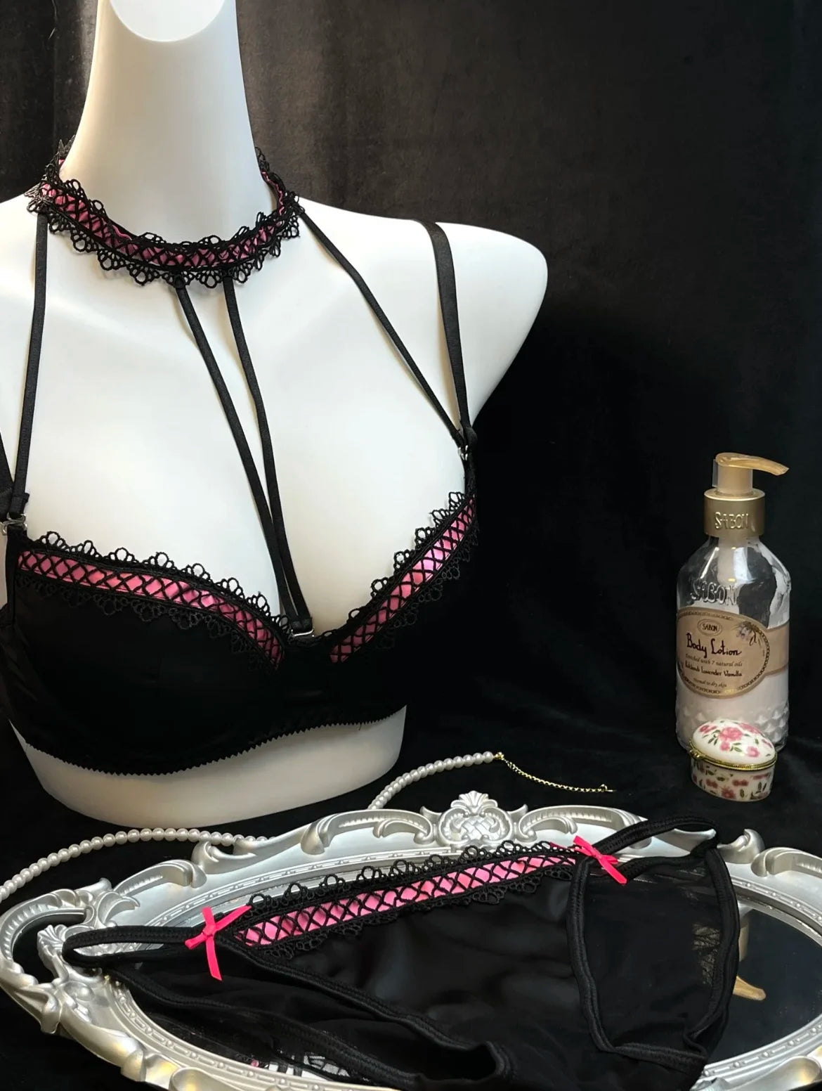MOYISU Method Pearl Powder Bra Set Lace Halter Neck Design for Small Breasts Big Thick Cup Pure Desire Sexy Underwear for Women
