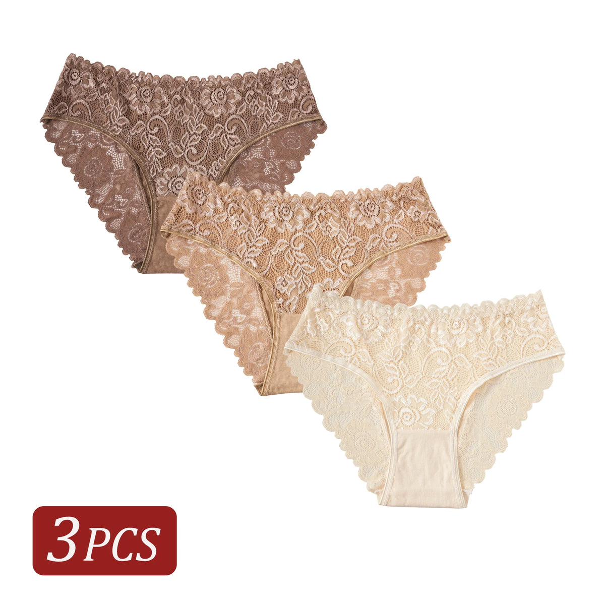 3PCS Semi-Sheer Elegant Lace Floral Design Women's Panties Solid Color Mid Waist Briefs Cotton Lingerie Comfortable Breathable