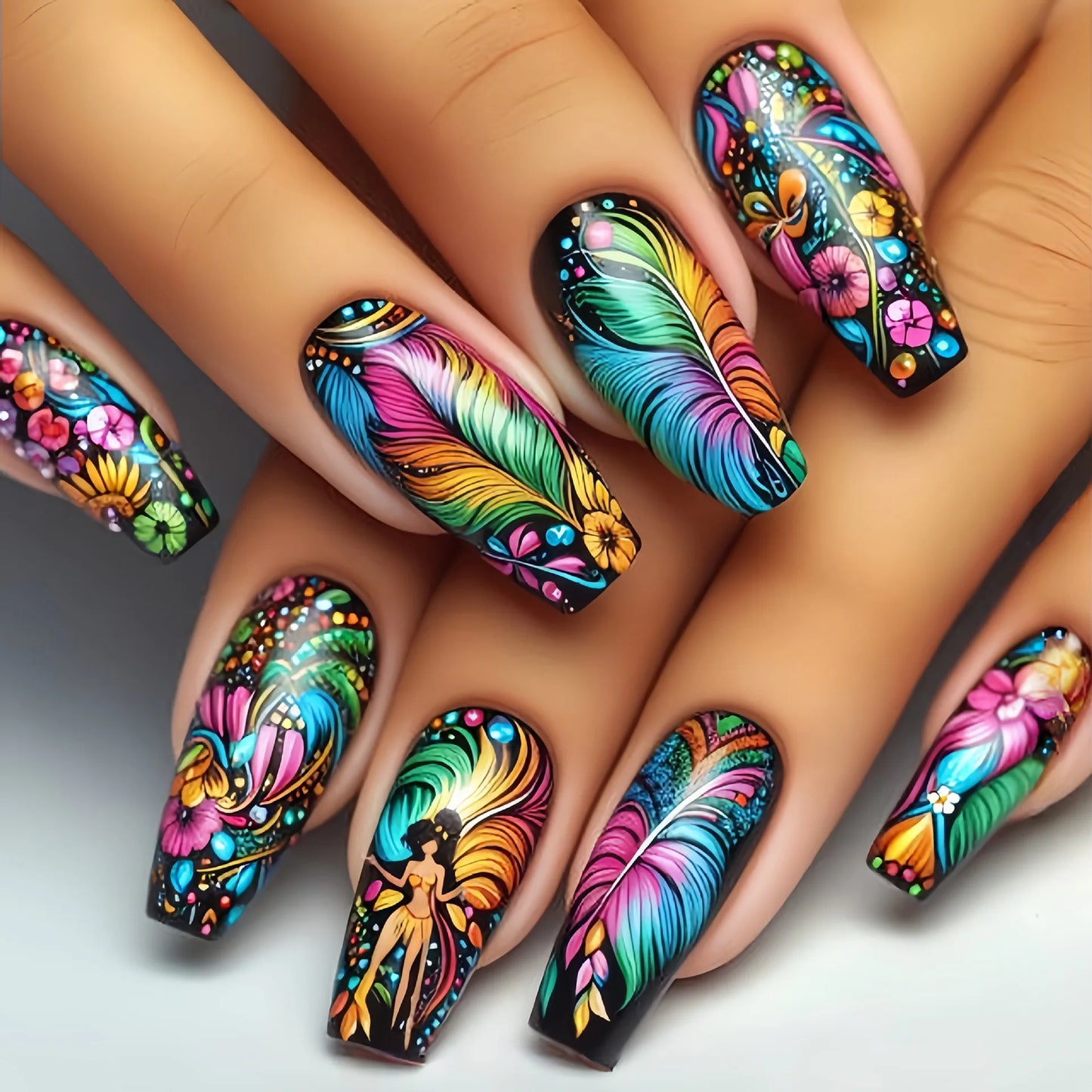 24Pcs Ladder-shaped Ballet False Nails with Glue Stripe Floral Nail Art Ombre French Press on Acrylic Nail Tips for Spice Girls