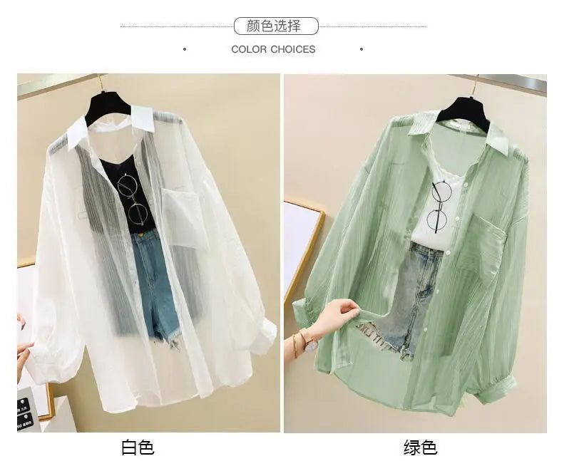 Summer Sunscreen Shirt Elegant Perspective Thin Chiffon Blouse Korean Harajuku See Through Loose Top Casual Women's Cardigan