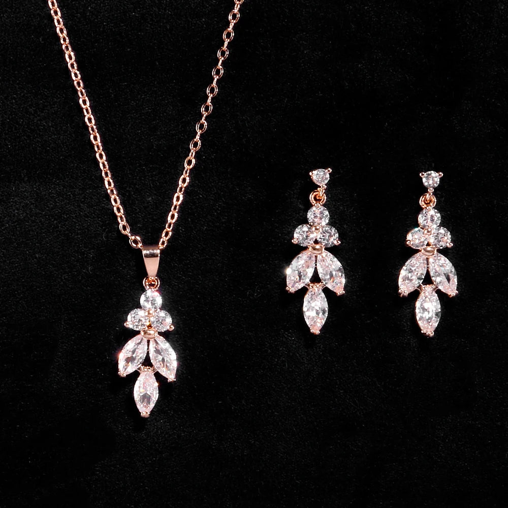 ZAKOL Classic AAA Cubic Zirconia Leaf Dangle Earrings&Necklace Set Sliver/Gold/Rose Gold Color Wedding Party Jewelry Accessories